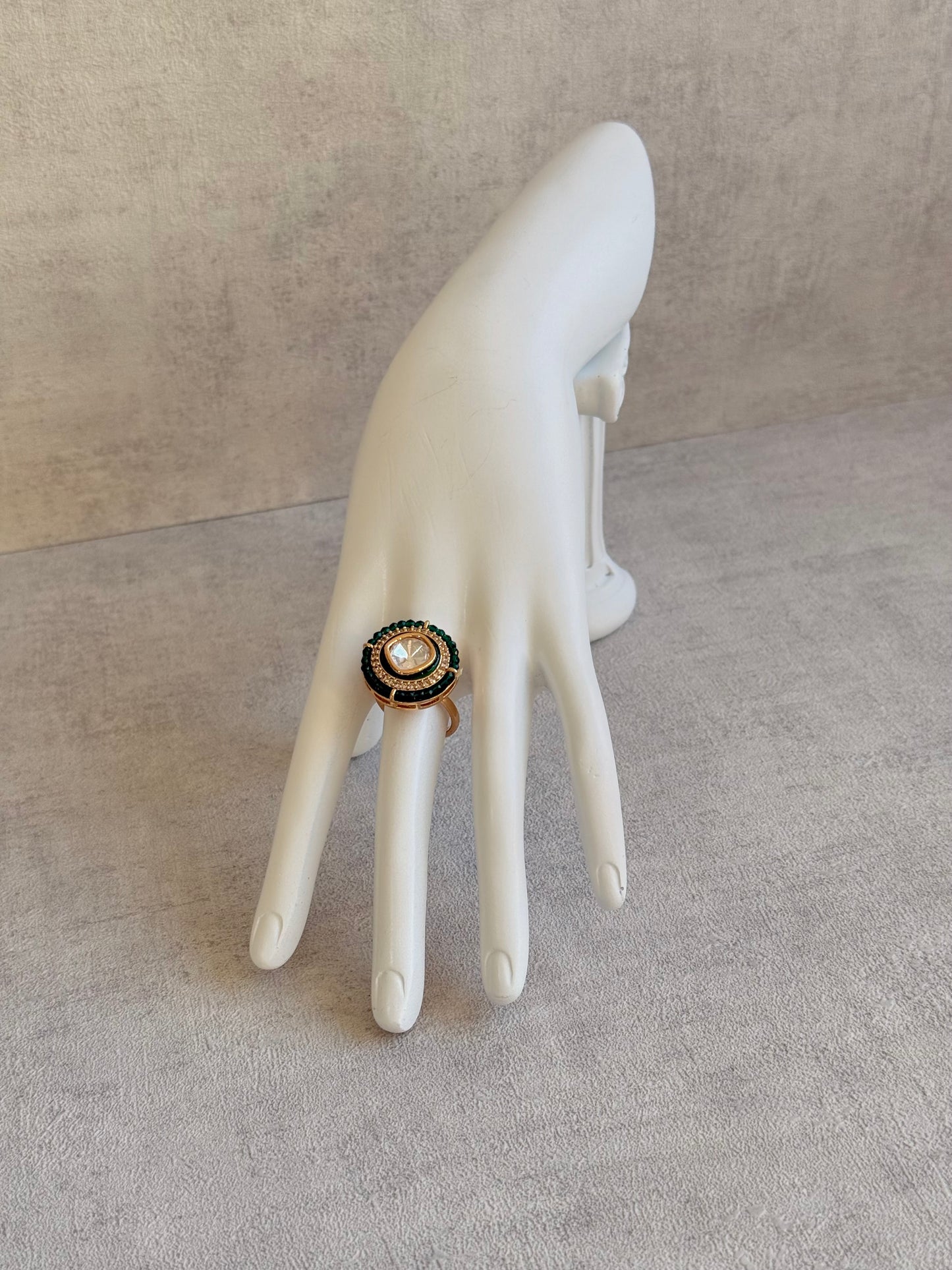 Ayura Designs Roselle Adjustable Ring – Moissanite Centre with Crystal Border & Emerald Green Beads