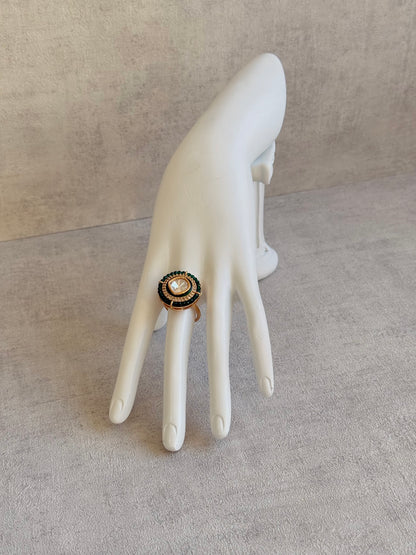 Ayura Designs Roselle Adjustable Ring – Moissanite Centre with Crystal Border & Emerald Green Beads