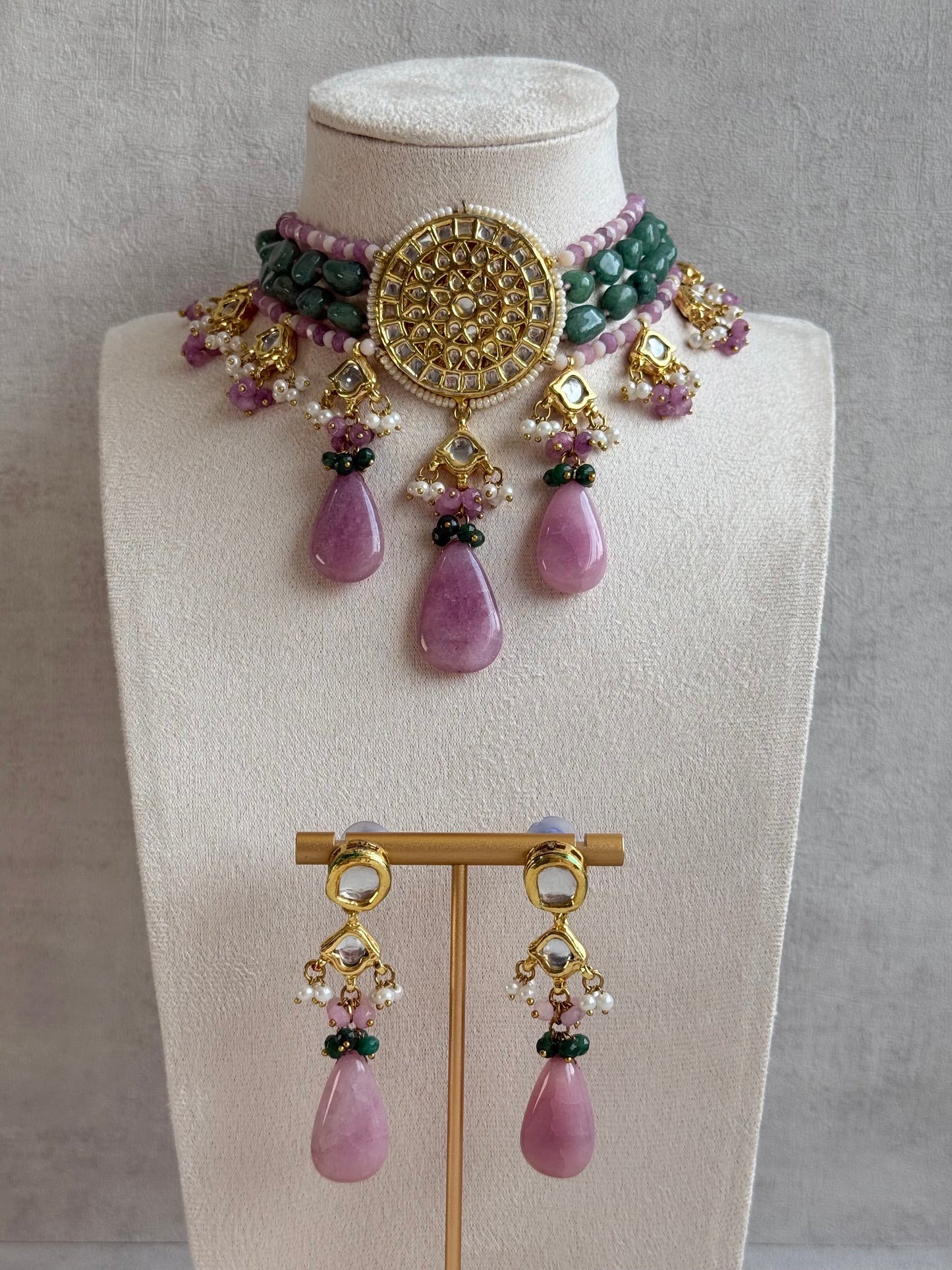 Ayura Designs Rabeeya Kundan Choker Set with Earrings – Blush Pink & Emerald Green Bead Detailing