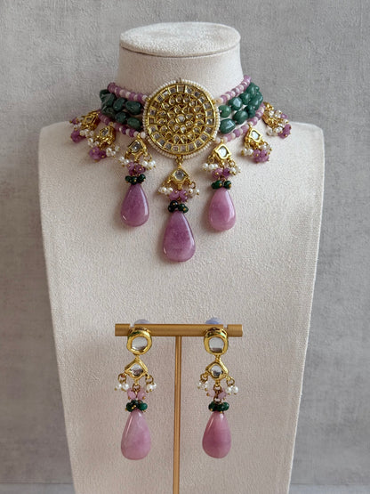 Ayura Designs Rabeeya Kundan Choker Set with Earrings – Blush Pink & Emerald Green Bead Detailing