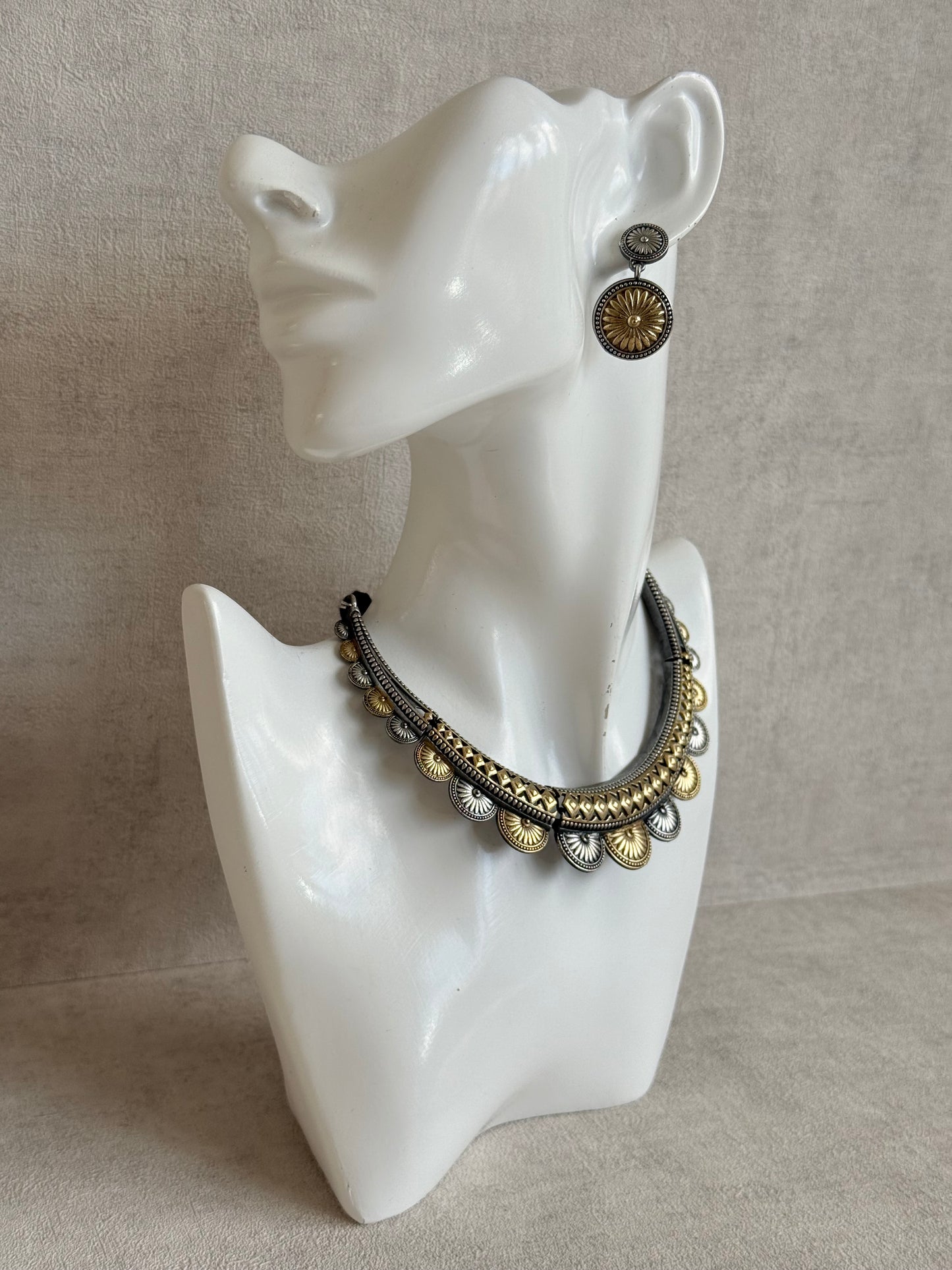 Ayura Designs Surmai Necklace Set with Earrings – Dual Tone Oxidised Necklace with Disc Motifs & Geometric Detailing