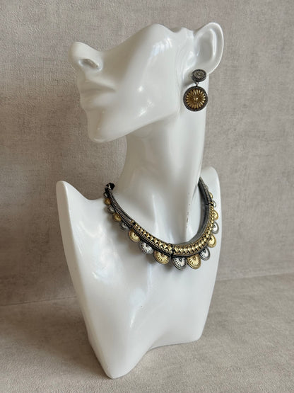 Ayura Designs Surmai Necklace Set with Earrings – Dual Tone Oxidised Necklace with Disc Motifs & Geometric Detailing