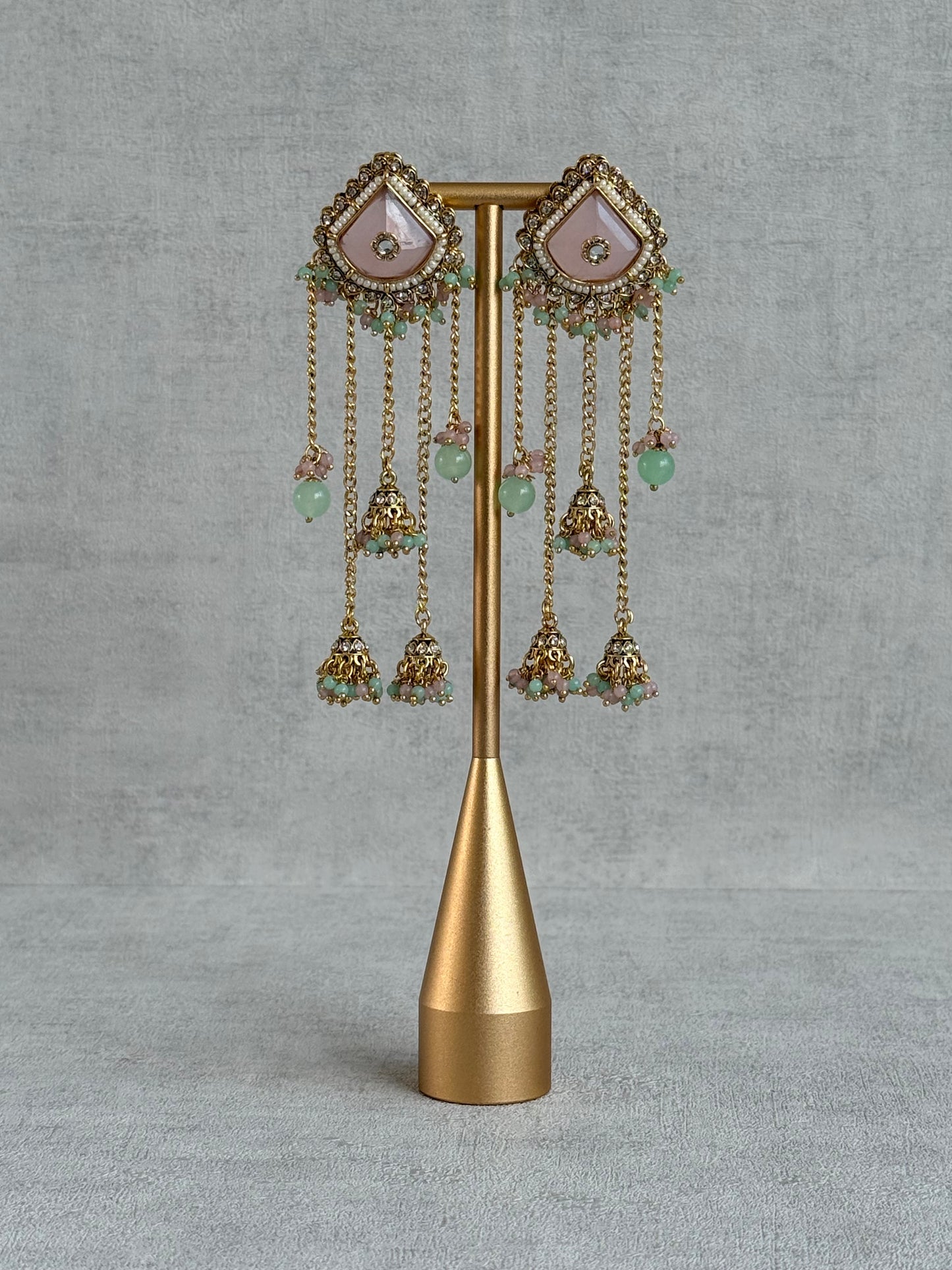 Ayura Designs Tanika Earrings – Blush Pink & Mint Green Duster Earrings with Jhumki Drops