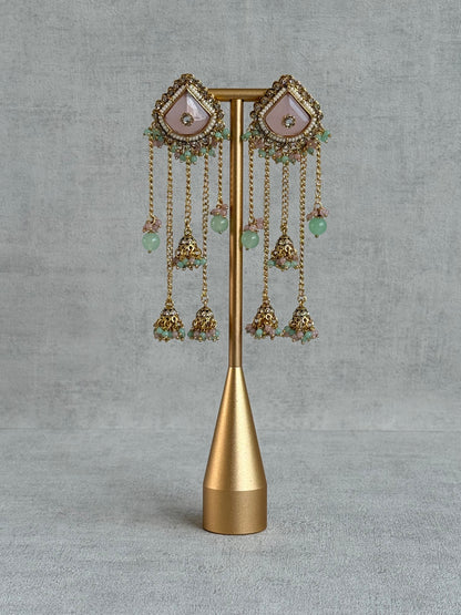 Ayura Designs Tanika Earrings – Blush Pink & Mint Green Duster Earrings with Jhumki Drops