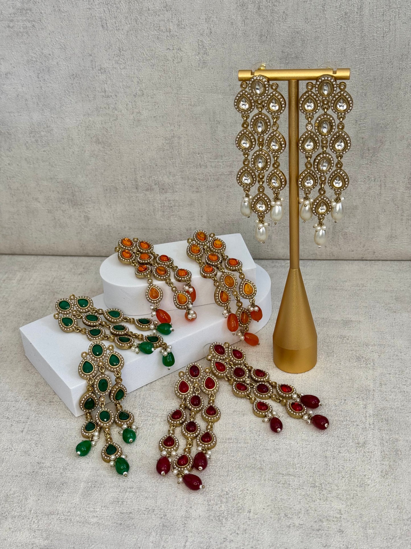 Ayura Designs Mia Earrings – Handcrafted Gold-Toned Cascading Earrings with Red Gemstones, Pearl Accents & Elegant Drop Detailing