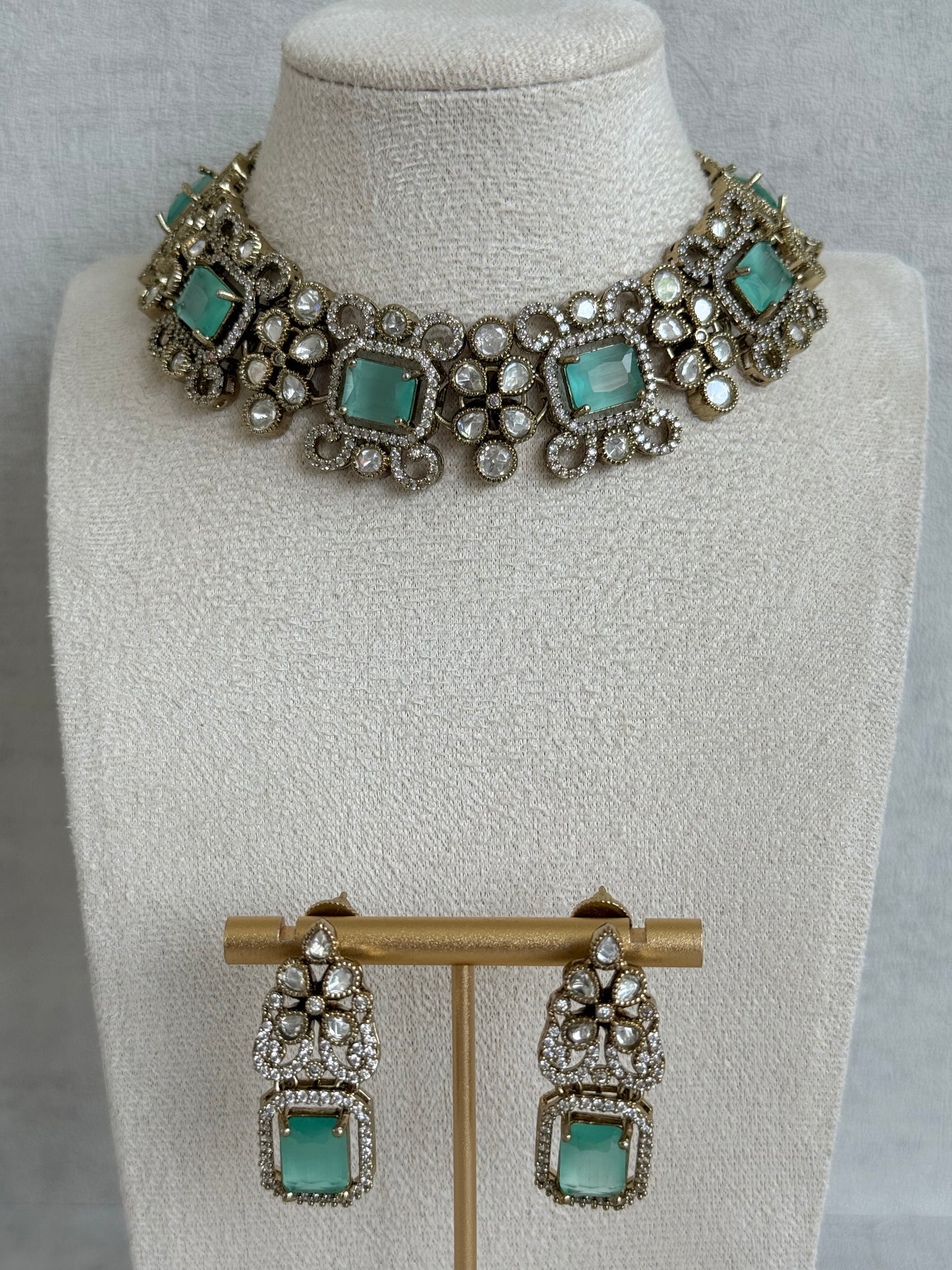 Ayura Designs Celine Necklace Set with Earrings – Moissanite Mint Green Statement Set