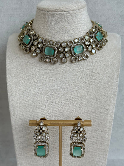 Ayura Designs Celine Necklace Set with Earrings – Moissanite Mint Green Statement Set
