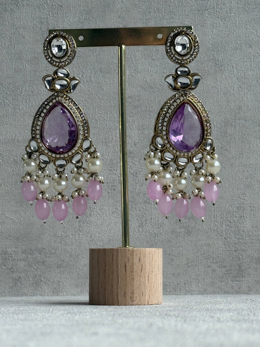 Ayura Designs Nageen Earrings – Antique Gold Jhumkis with Lilac Stones, Mirror-Cut Accents & Pearl Drops
