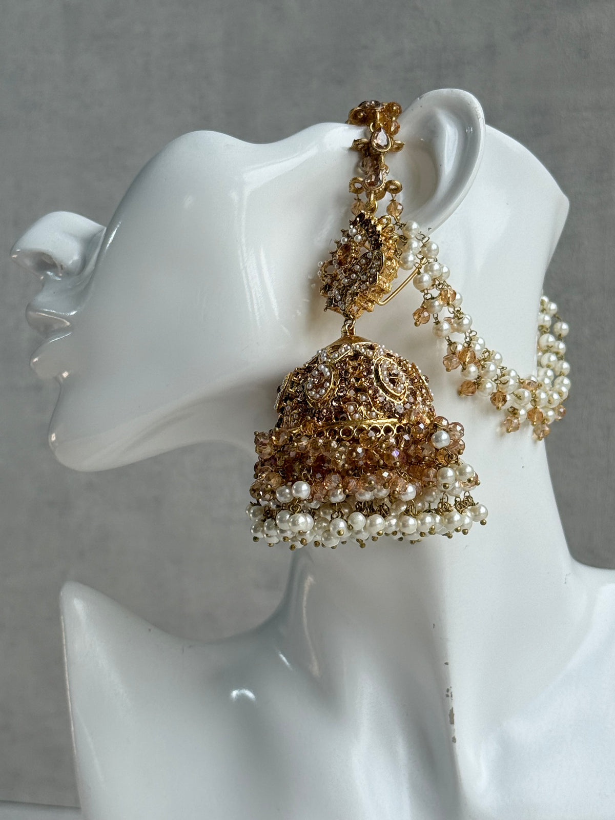 Ayura Designs Safia Tikka Set with Sahare Earrings – Champagne Gold Beads & Pearls