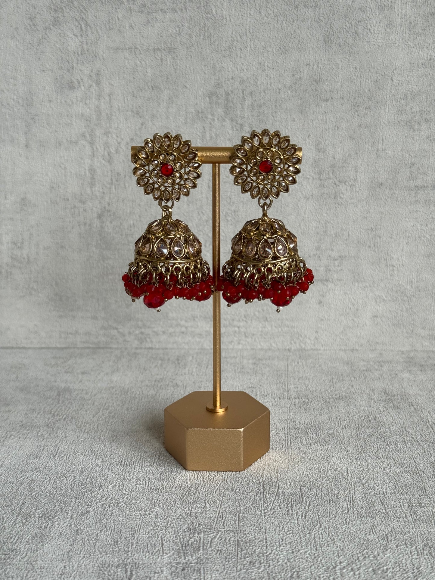 Ayura Designs Samreen Set with Tikka & Jhumkis – in Antique Gold with Red Beads & Mirror-Cut Stones