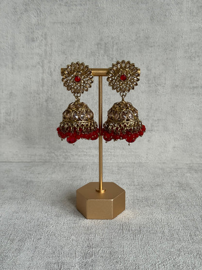 Ayura Designs Samreen Set with Tikka & Jhumkis – in Antique Gold with Red Beads & Mirror-Cut Stones