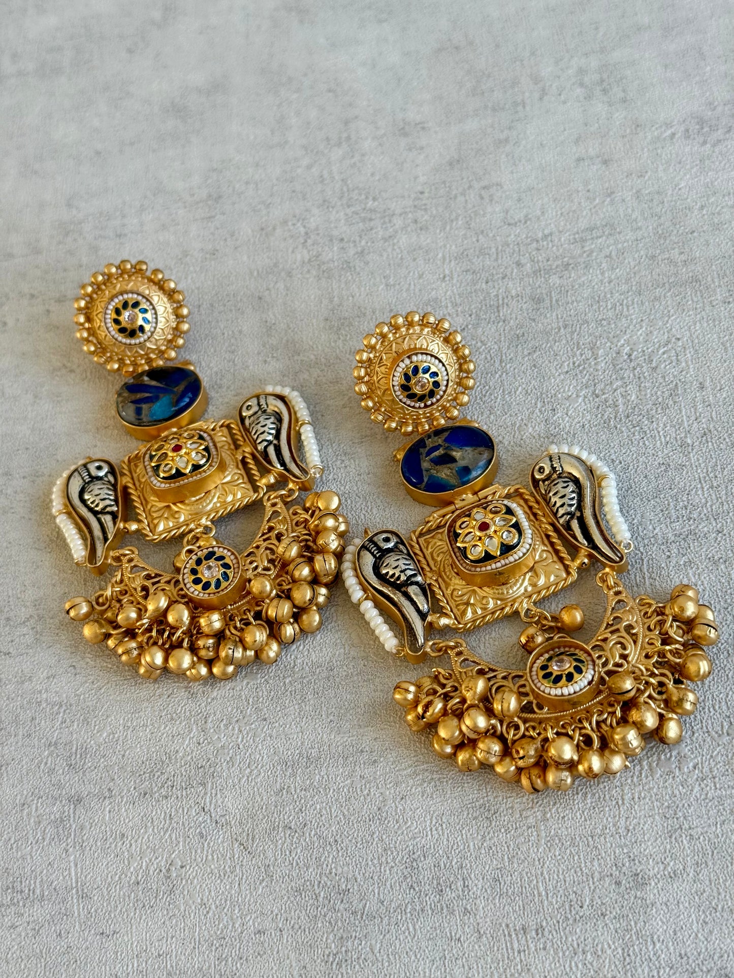 Ayura Designs Soha Earrings – Antique Gold with Midnight Blue Stone & Oxidised Parrots