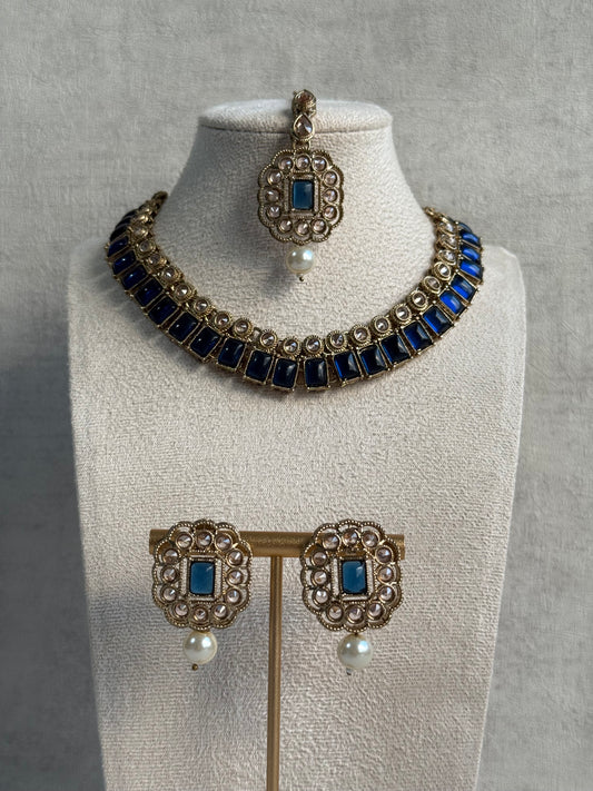 Ayura Designs Dania Set with Necklace, Stud Earrings & Tikka – Midnight Blue Stones, Pearl Drops & Antique Gold Finish