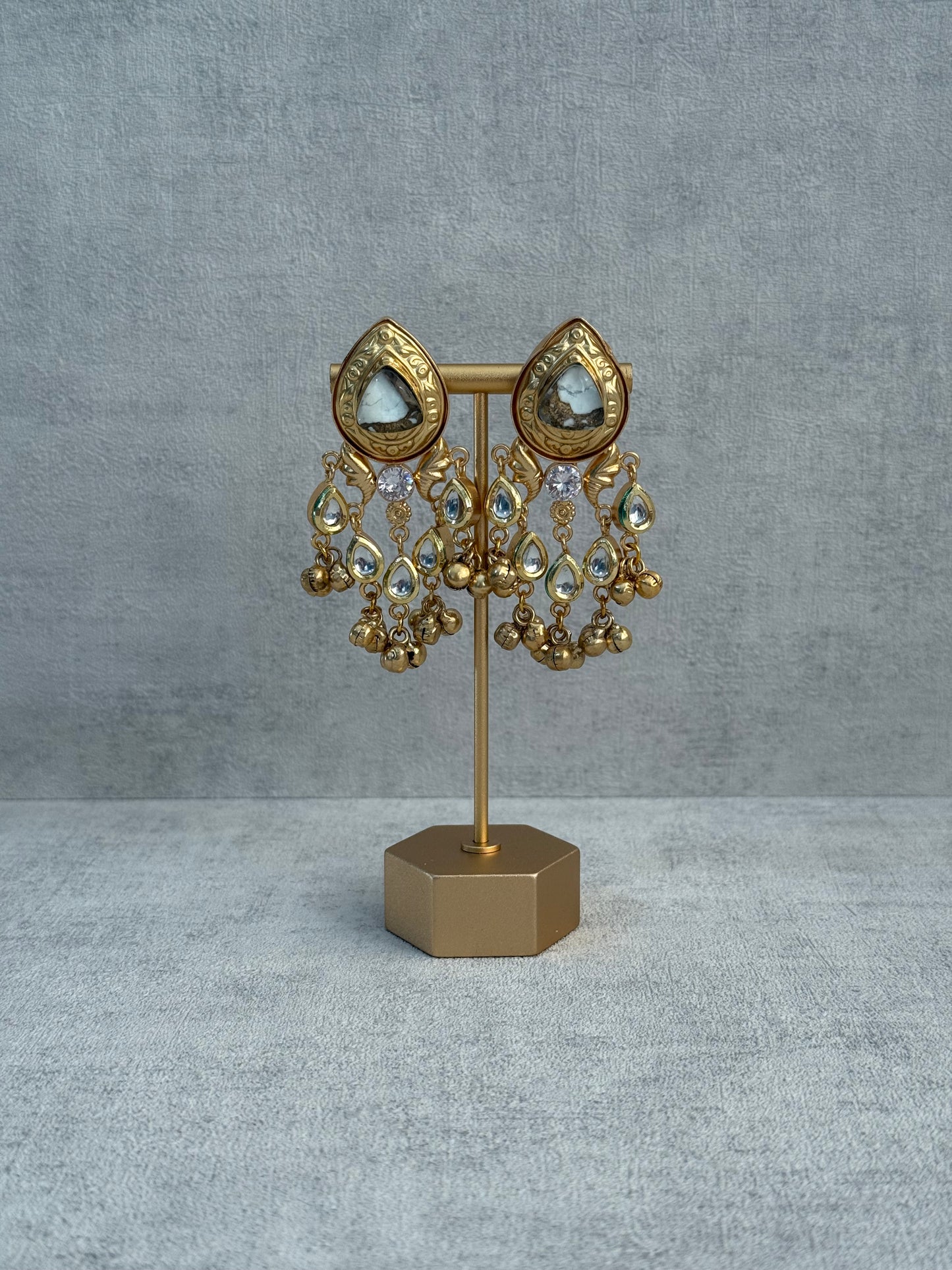 Ayura Designs Arheer Earrings – White & Bronze Marble with Kundan Detailing & Antique Gold Ghungroos