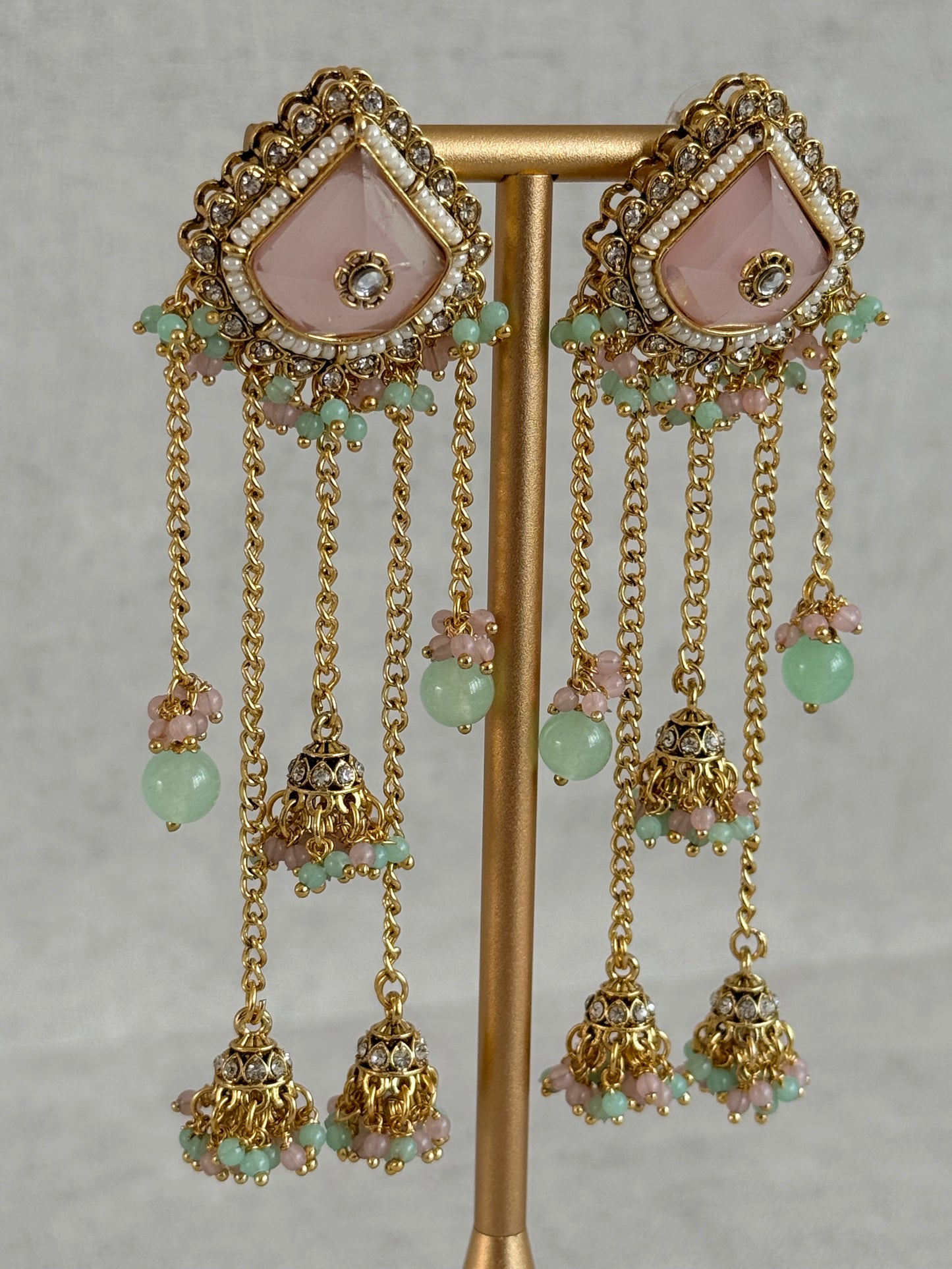 Ayura Designs Tanika Earrings – Blush Pink & Mint Green Duster Earrings with Jhumki Drops