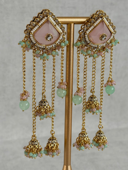 Ayura Designs Tanika Earrings – Blush Pink & Mint Green Duster Earrings with Jhumki Drops