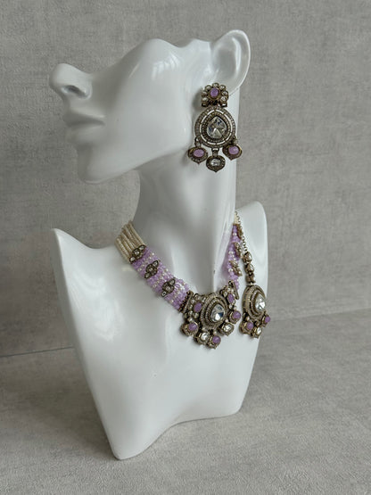 Ayura Designs Rahi Necklace Set with Earrings & Tikka – Lilac Stones with Mirror-Cut Detailing & Pearl Strands