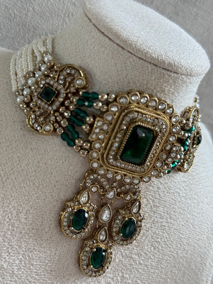 Ayura Designs Nabiha Choker Set with Studs – Emerald Green Stones, Pearl Detailing & Antique Gold Finish