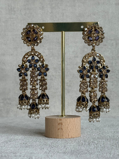 Ayura Designs Soraya Earrings – Ink Blue Stones, Champagne Crystals, Pearl Detailing & Gold Finish
