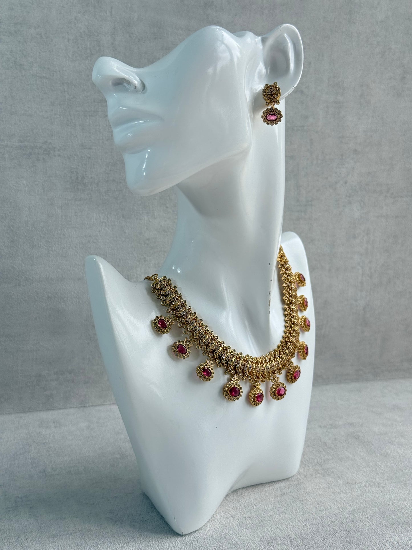 Ayura Designs Elisha Necklace Set with Earrings – Rani Pink & Crystal Stone Detailing