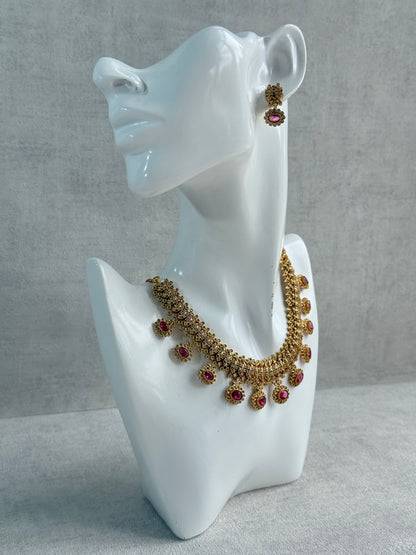 Ayura Designs Elisha Necklace Set with Earrings – Rani Pink & Crystal Stone Detailing