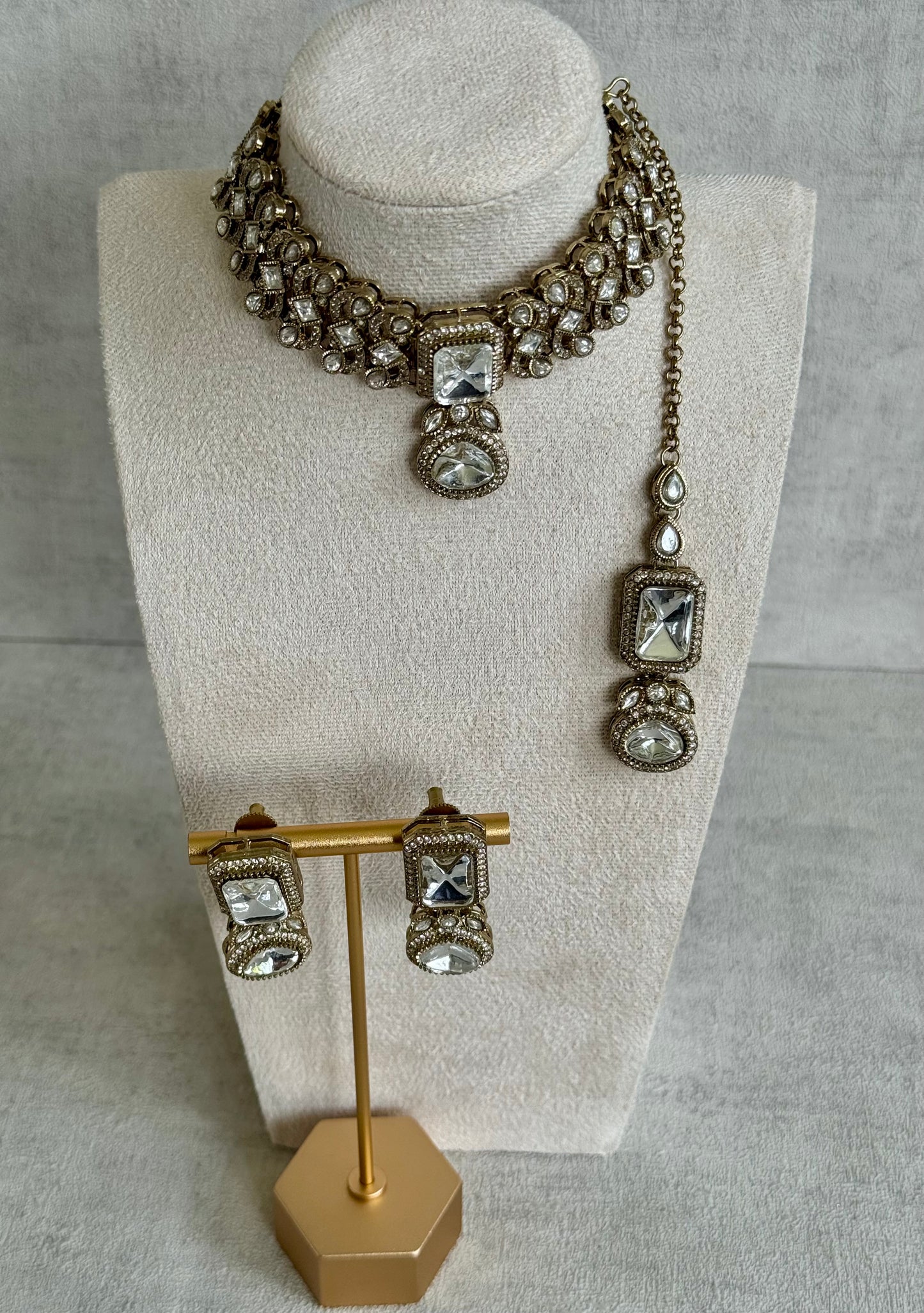 Ayura Designs Ella Choker Set with Tikka & Earrings – Antique Gold with Mirror-Cut Stones