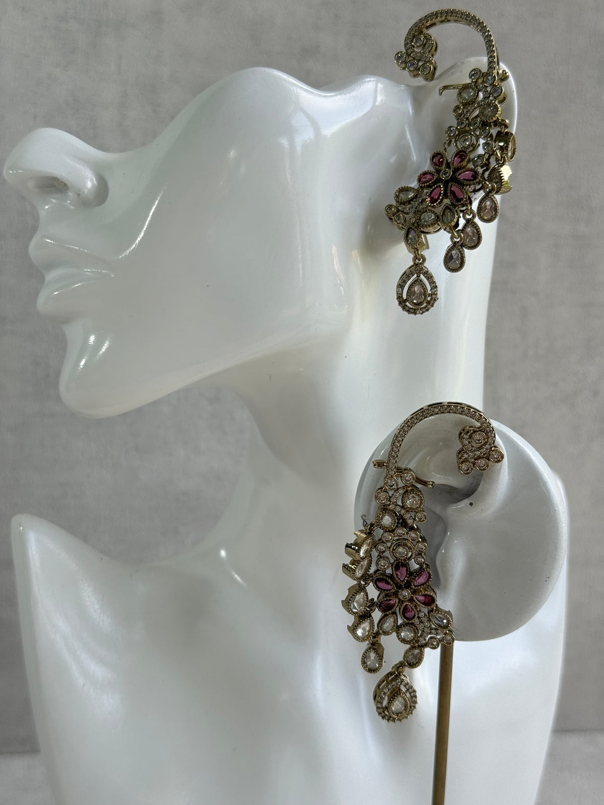 Ayura Designs Aksara Kaanphool Earrings – Rani Pink Stones, Kundan, Crystals & Antique Gold Finish