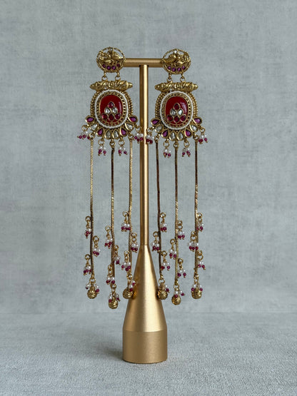 Ayura Designs Kaveri Earrings – Gold Long Chain Drop Earrings with Kundan, Pearls & Ghungroo Detailing – Ruby Red