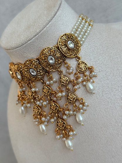 Ayura Designs Mohak Choker Set with Earrings & Tikka – Gold Waterfall Design with Kundan & Pearl Drops
