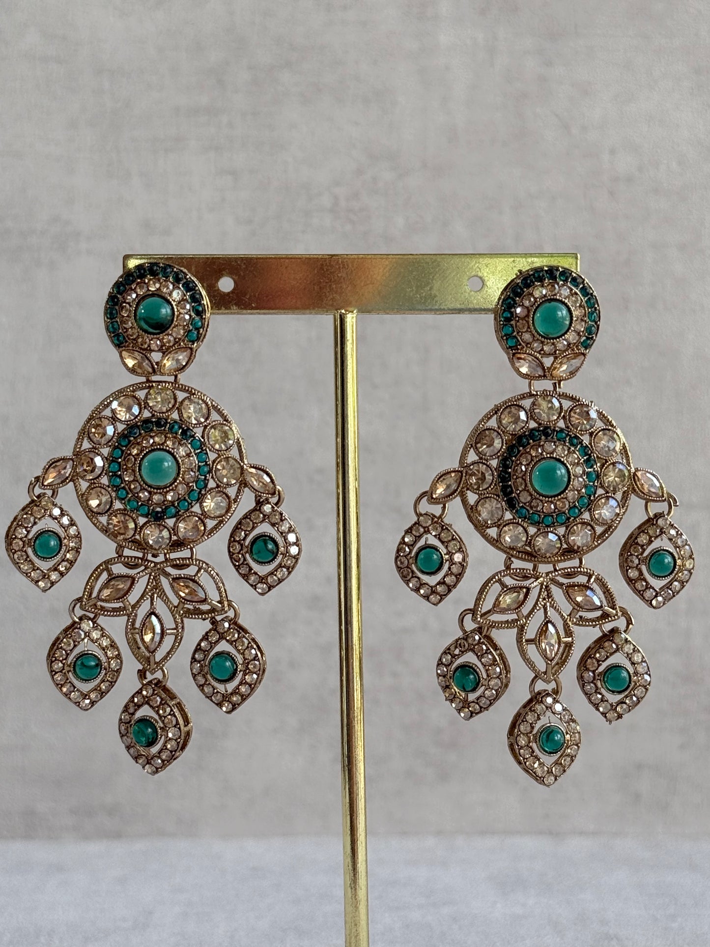 Ayura Designs Vanika Earrings – Teal Green & Champagne Crystal Gold Finish