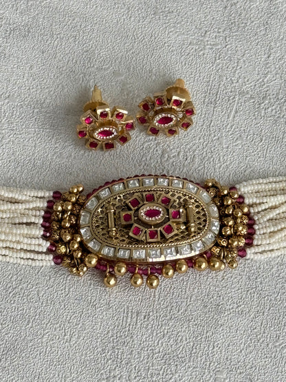 Ayura Designs Amiri Choker Set with Stud Earrings – Ruby Pink Stones, Pearl Strands & Moissanite Detailing