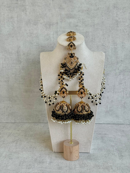 Ayura Designs Safia Tikka Set with Sahare Earrings – Black Beads & Champagne Crystals