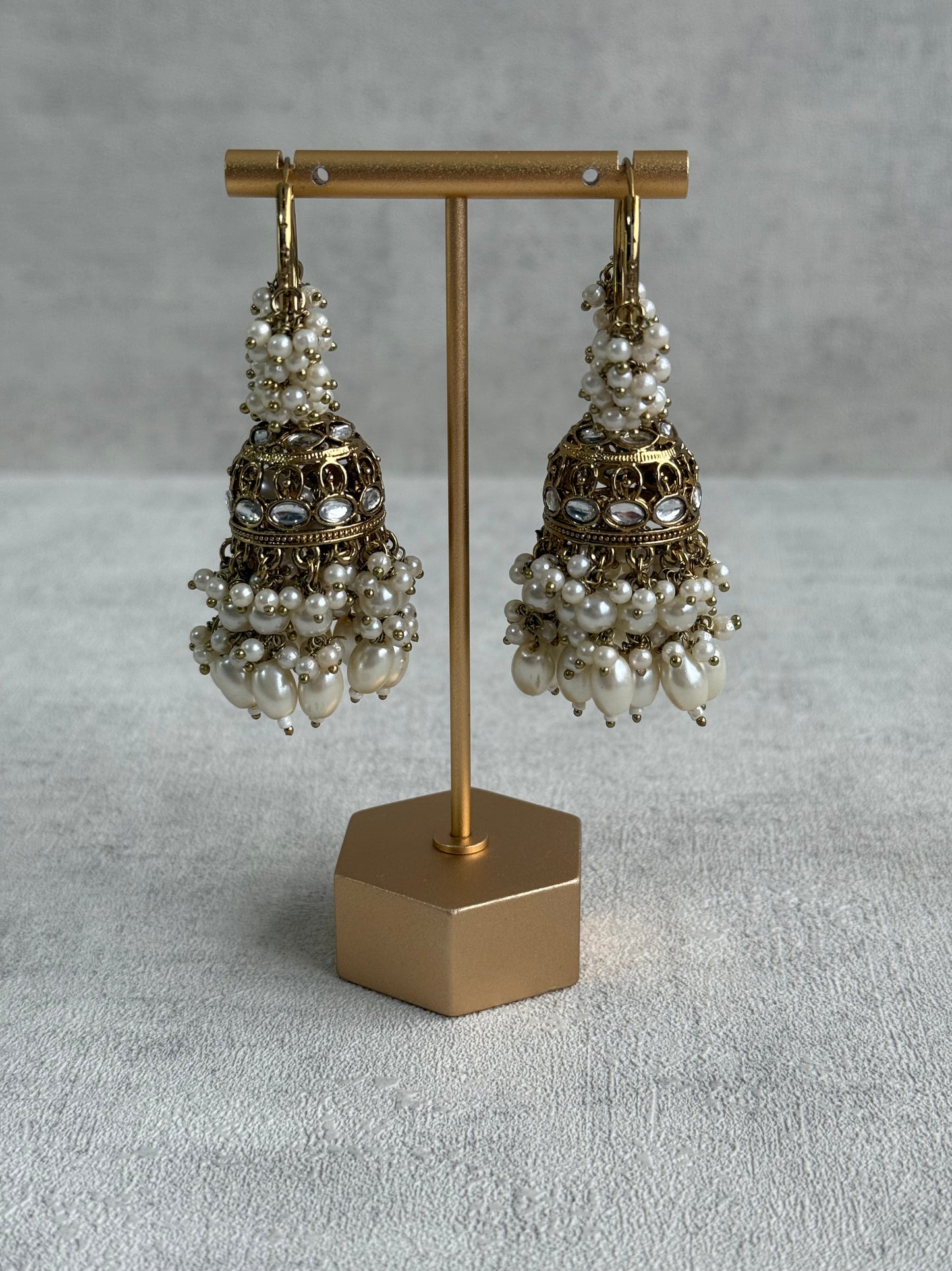 Ayura Designs Jugni Jhumkis – Antique Gold Balis with Pearl Clusters & Kundan Detailing