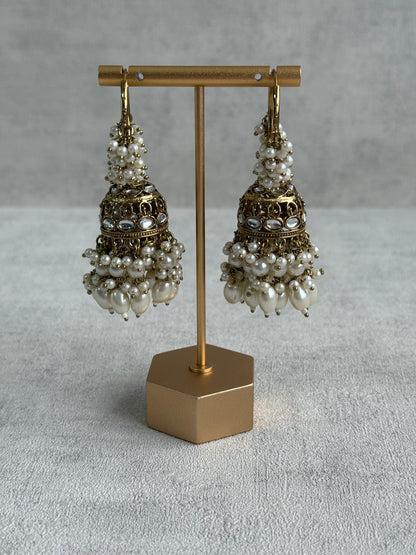 Ayura Designs Jugni Jhumkis – Antique Gold Balis with Pearl Clusters & Kundan Detailing