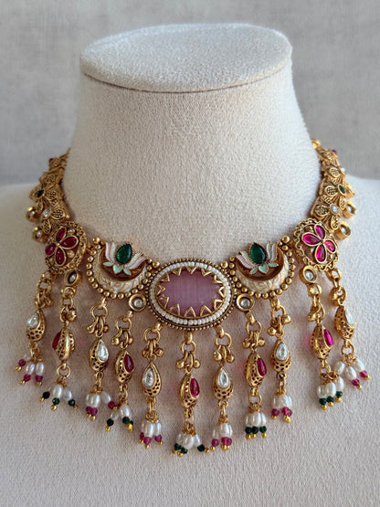 Ayura Designs Aavya Necklace Set – Blush Pink & Emerald Green Kundan Meenakari Design