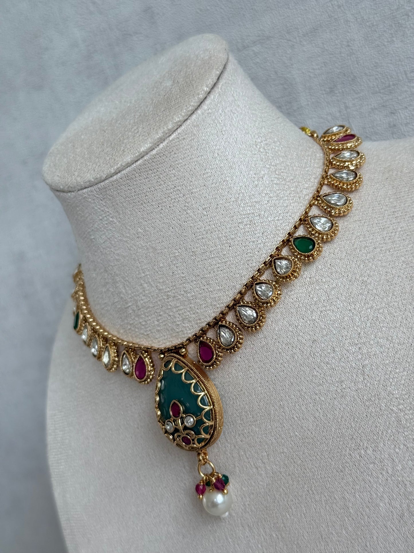 Ayura Designs Lamees Necklace Set with Earrings – Green Enamel, Emerald Green & Ruby Pink Stones with Pearl Drops