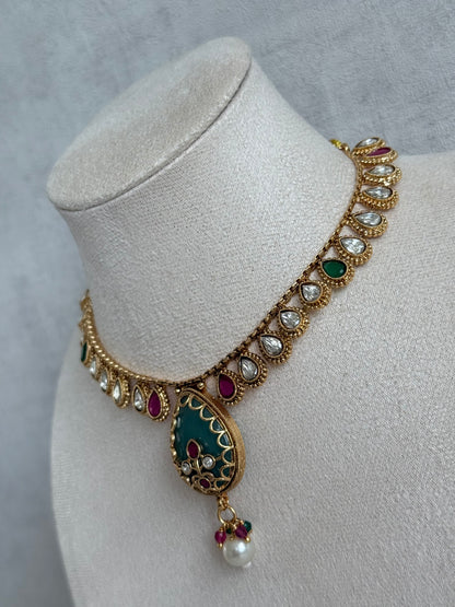 Ayura Designs Lamees Necklace Set with Earrings – Green Enamel, Emerald Green & Ruby Pink Stones with Pearl Drops