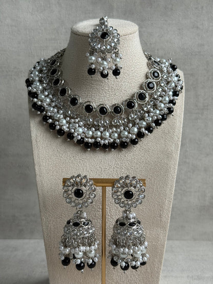Ayura Designs Barira Set – Necklace, Jhumkis & Tikka with Orange Stones, Pearls & Antique Silver Finish