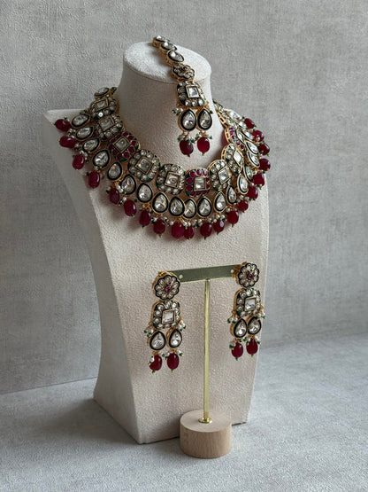 Ayura Designs Salma Set – Necklace, Earrings & Tikka with Mirror-Cut Kundan, Ruby Red Beads, Emerald Green Meenakari & Gold Finish