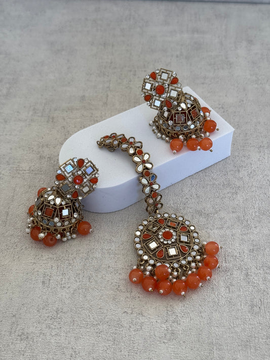 Ayura Designs Heer Tikka Set with Jhumkis – Carnelian Orange, Mirror & Polki Stonework