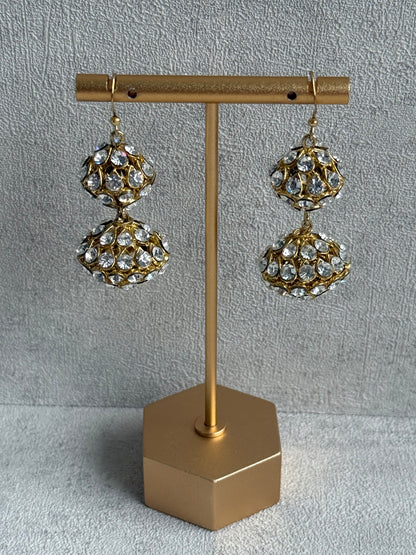 Ayura Designs Anisa Jhumkis – Double Dome Jhumkis with Mirror-Cut Stones & Antique Gold Finish