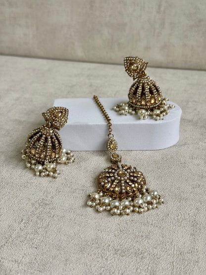 Ayura Designs Zohra Set – Exquisite Gold Ensemble Adorned with Polkis & Pearls | Includes Jhumkis & Tikka