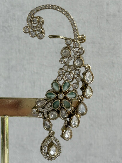 Ayura Designs Aksara Kaanphool Earrings – Mint Green Stones, Kundan, Crystals & Antique Gold Finish