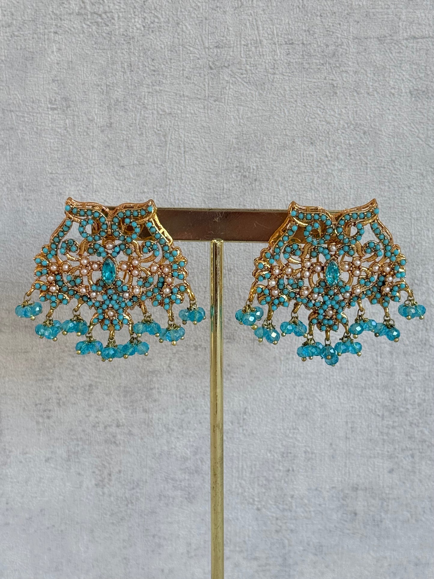 Ayura Designs Shanza Earrings – Turquoise Beaded Statement Earrings with Pearl Detailing & Crystal Drops