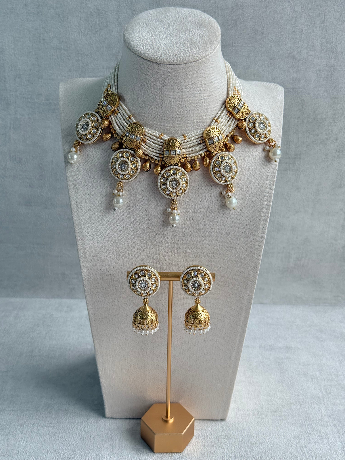 Ayura Designs Tabani Necklace Set with Jhumki Earrings – Kundan Medallion Design, Ivory Pearls & Antique Gold Finish