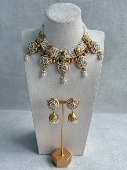 Ayura Designs Tabani Necklace Set with Jhumki Earrings – Kundan Medallion Design, Ivory Pearls & Antique Gold Finish
