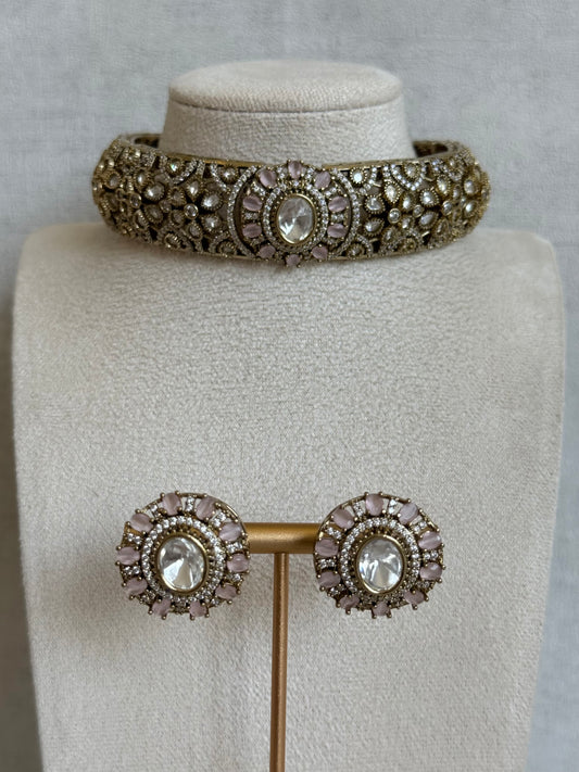 Ayura Designs Genevieve Choker Set with Studs – Blush Pink Crystal Kundan in Antique Gold