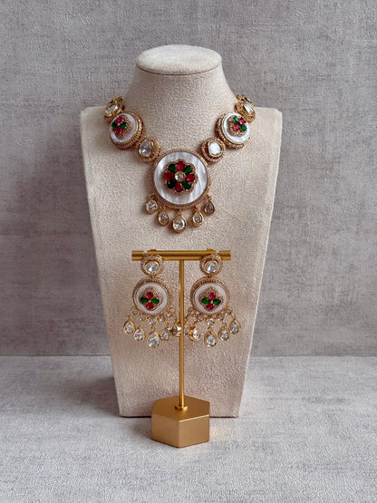 Ayura Designs Wisah Set – Necklace & Earrings with Mirror-Cut Stones, Fuchsia, Emerald & Mother-of-Pearl Detailing