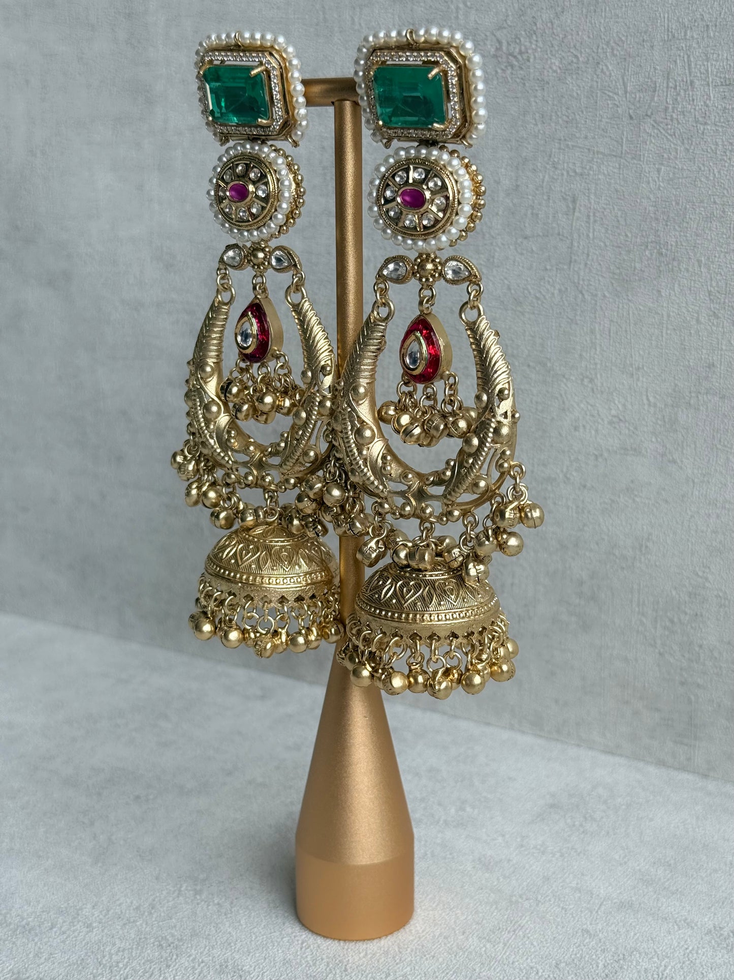 Ayura Designs Zirwa Earrings – Statement Jhumkis with Jade Green Stones, Ruby Accents, Pearl Borders & Ghungroos