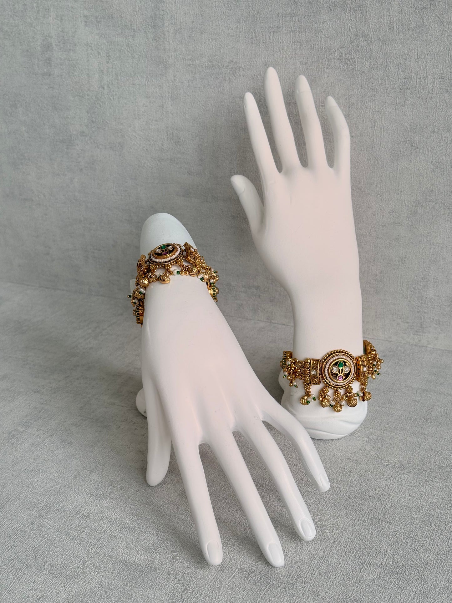 Ayura Designs Pravya Bracelet – Gold Bracelet with Mint, Pink & Green Stones & Ghungroo Detailing